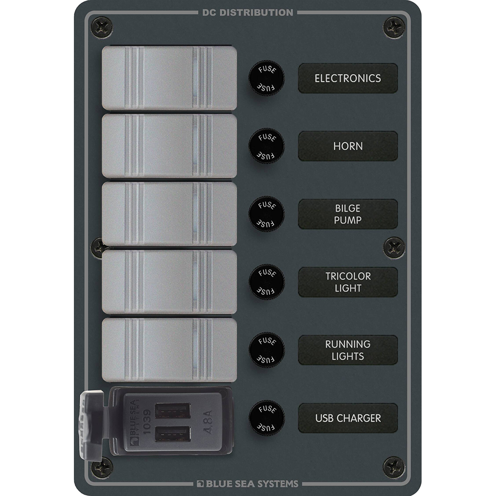 Blue Sea 8121 - 5 Position Contura Switch Panel w/Dual USB Chargers - 12/24V DC - Black