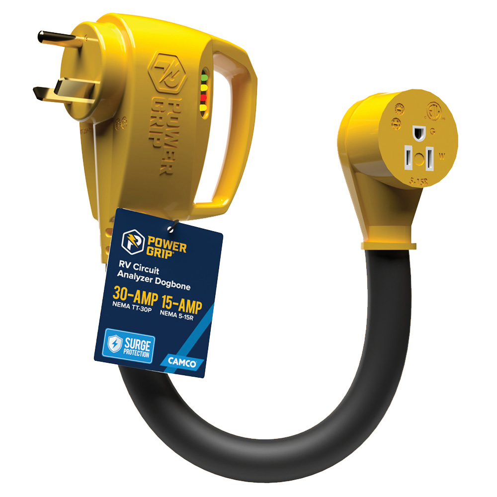 Camco Power Grip RV 12" 30Amp Circuit Analyzer Dogbone - Integrated Surge Protection