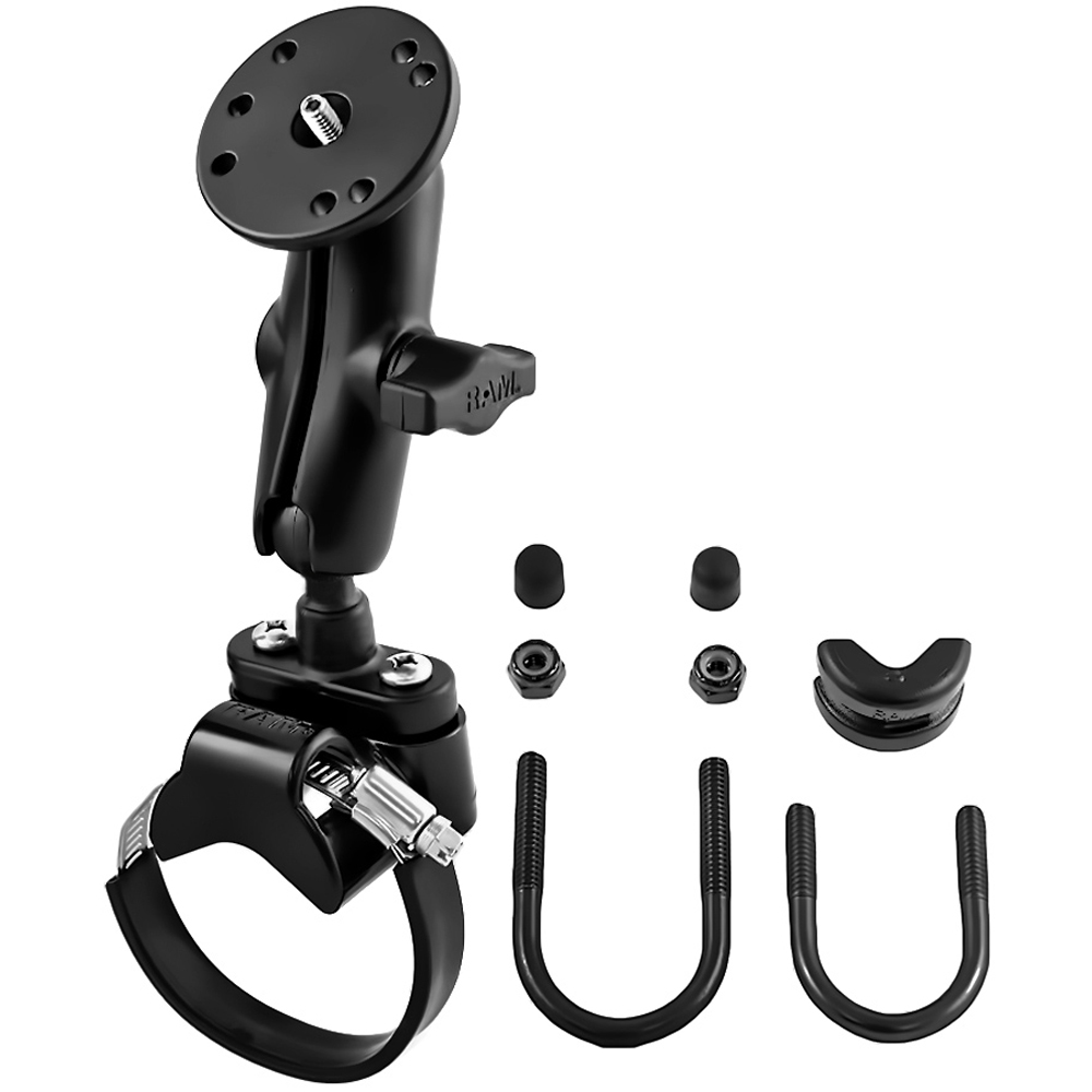 RAM Mount Strap Clamp Roll Bar Mount w/Standard Length Double Socket Arm & 2.5" Round Base w/1/4"-20 Male Threaded Post