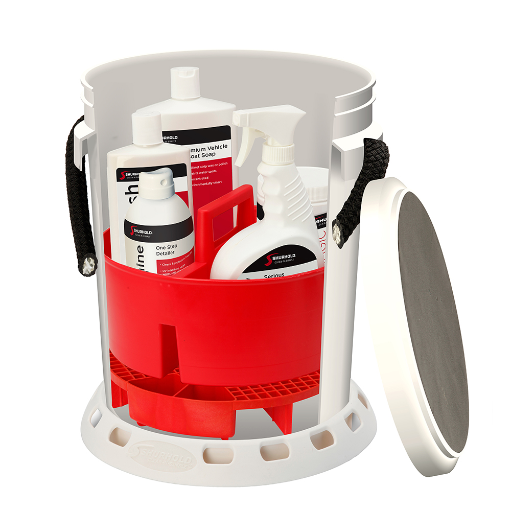 Shurhold 5 Gallon White Bucket Kit - Includes Bucket, Caddy, Grate Seat, Buff Magic, Pro Polish Brite Wash, SMC & Serious Shine