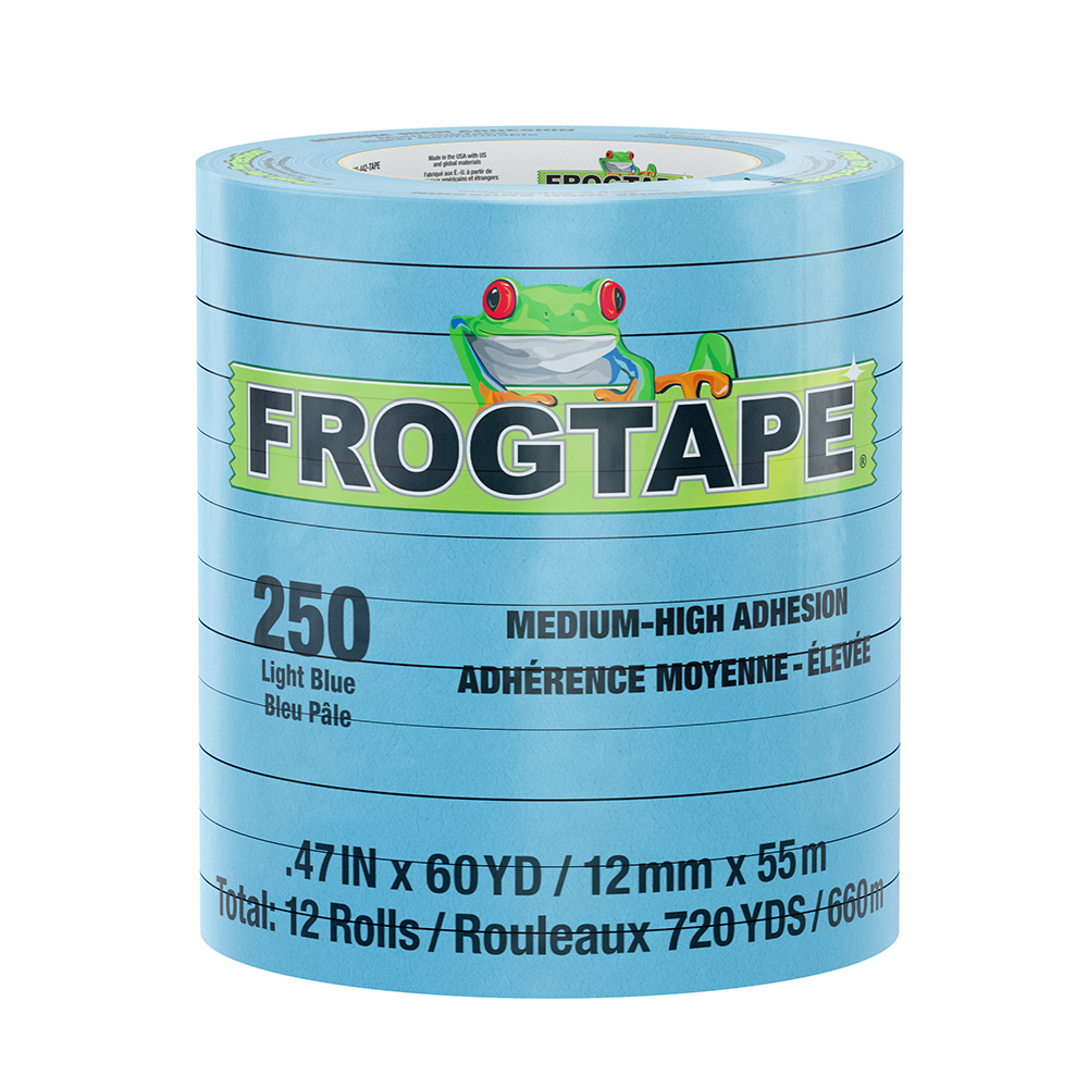 FrogTape CP 250 Medium-High Adhesion Masking Tape - 12MM x 55M x 12-Pack - Light Blue - Rated for 250°F